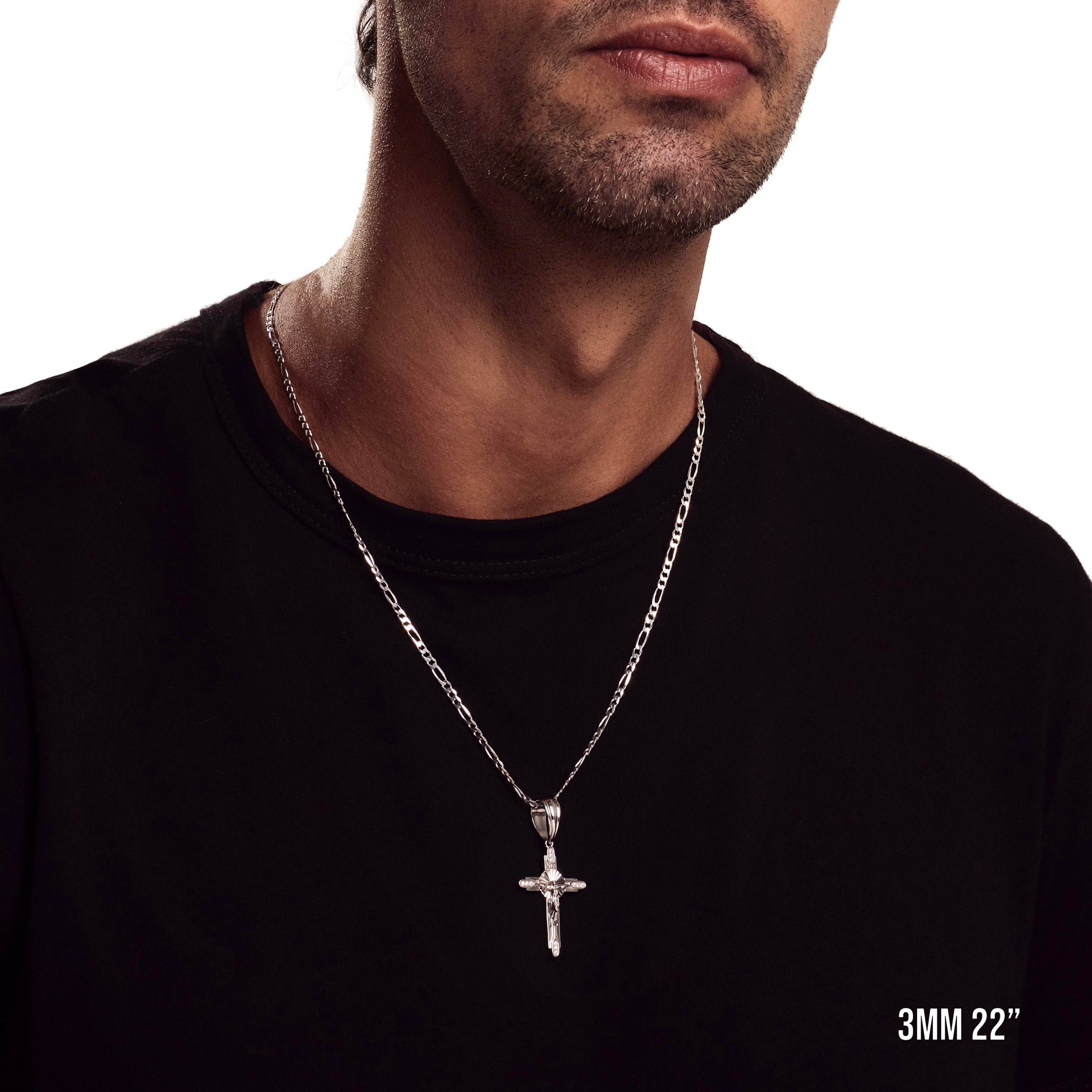 Model wearing 3mm 22” figaro chain with listed pendant.