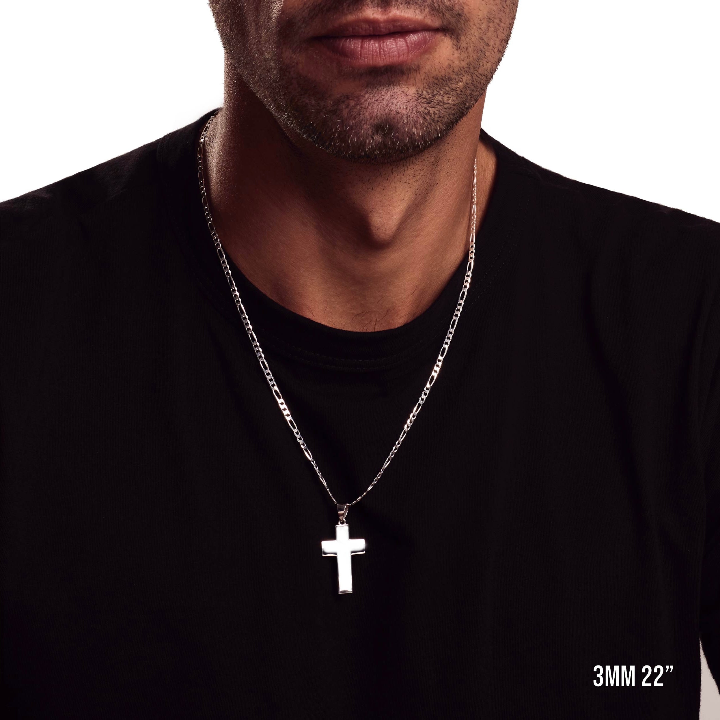 Model wearing 3mm 22” figaro chain with listed pendant.