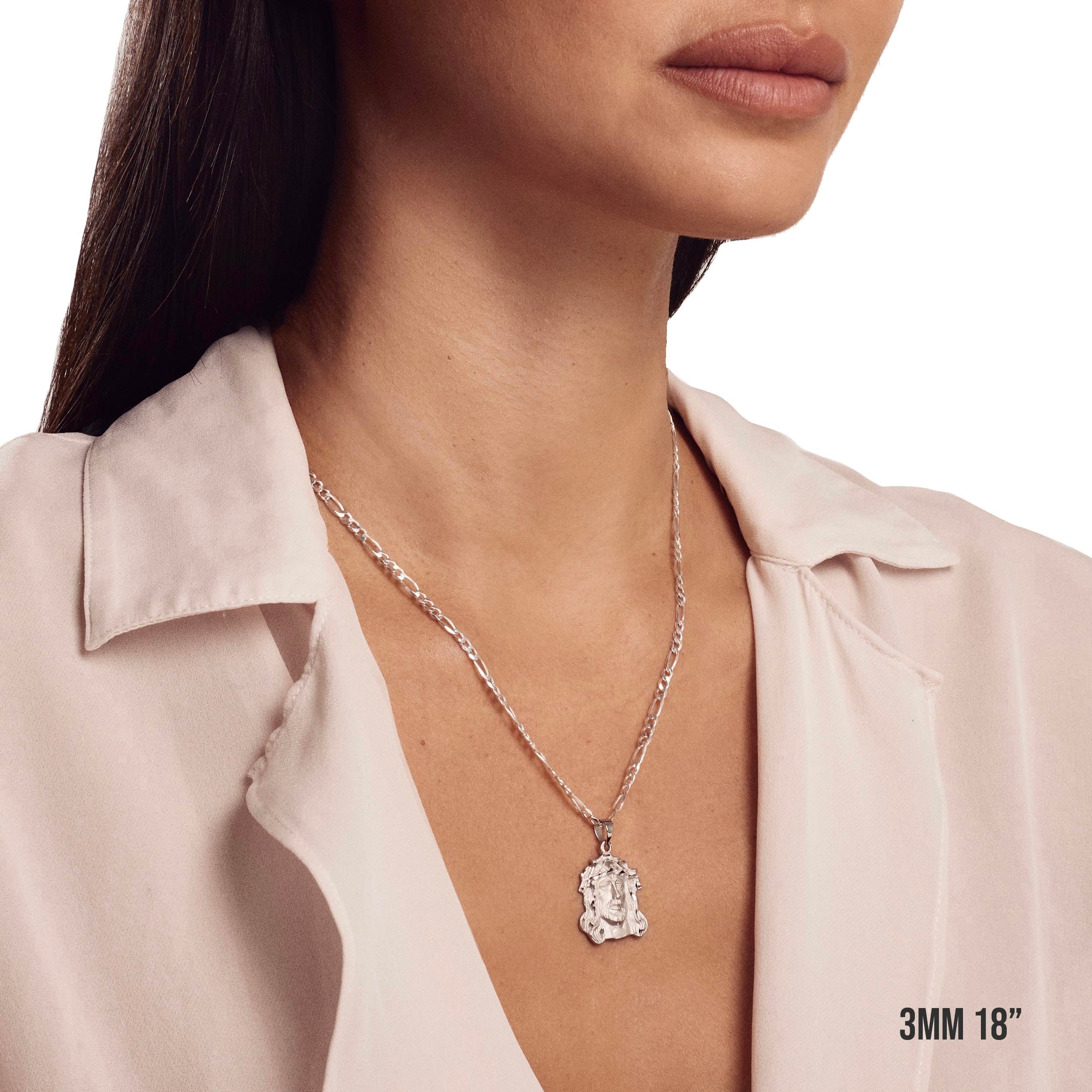Model wearing 3mm 18” figaro chain with listed pendant.