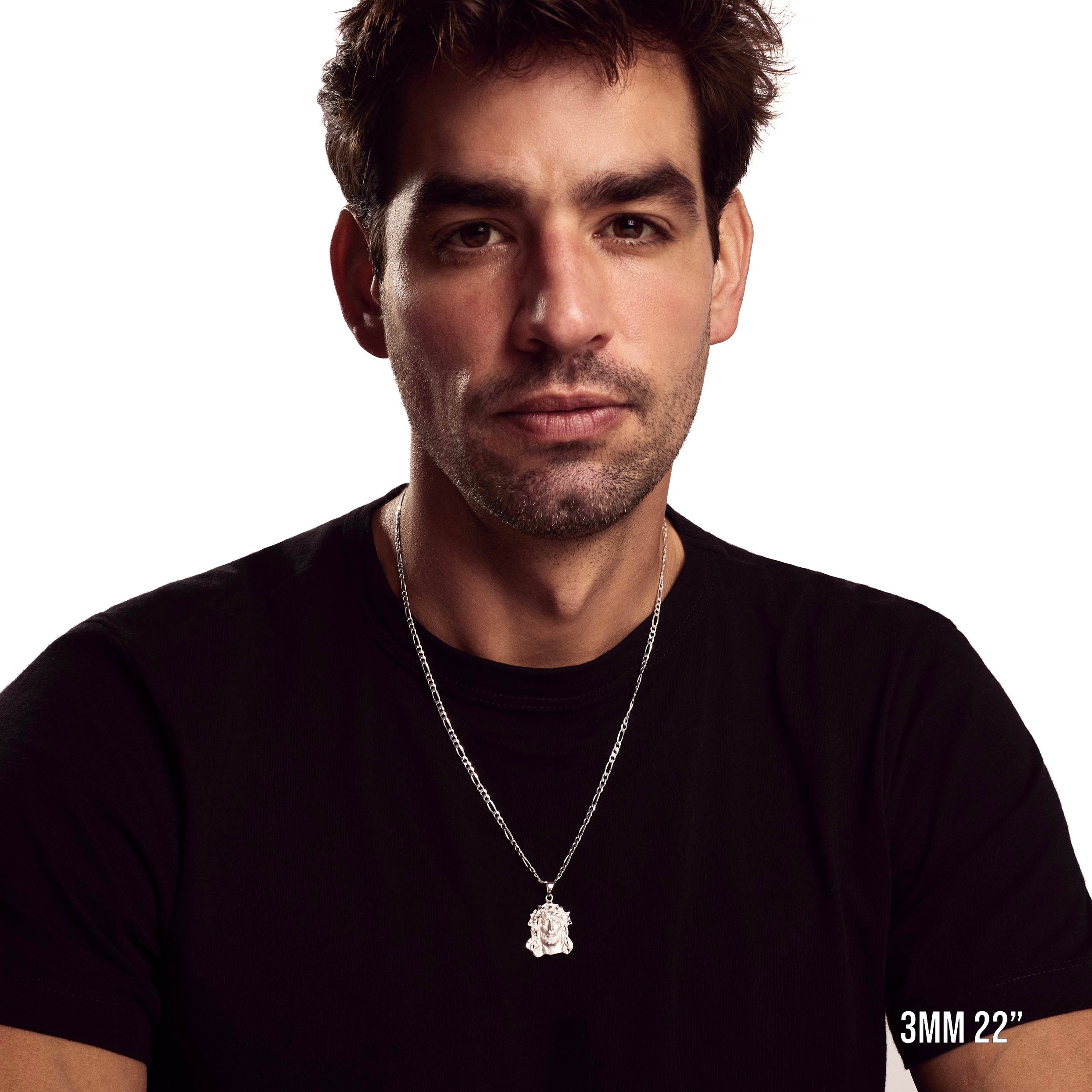 Model wearing 3mm 22” figaro chain with listed pendant.