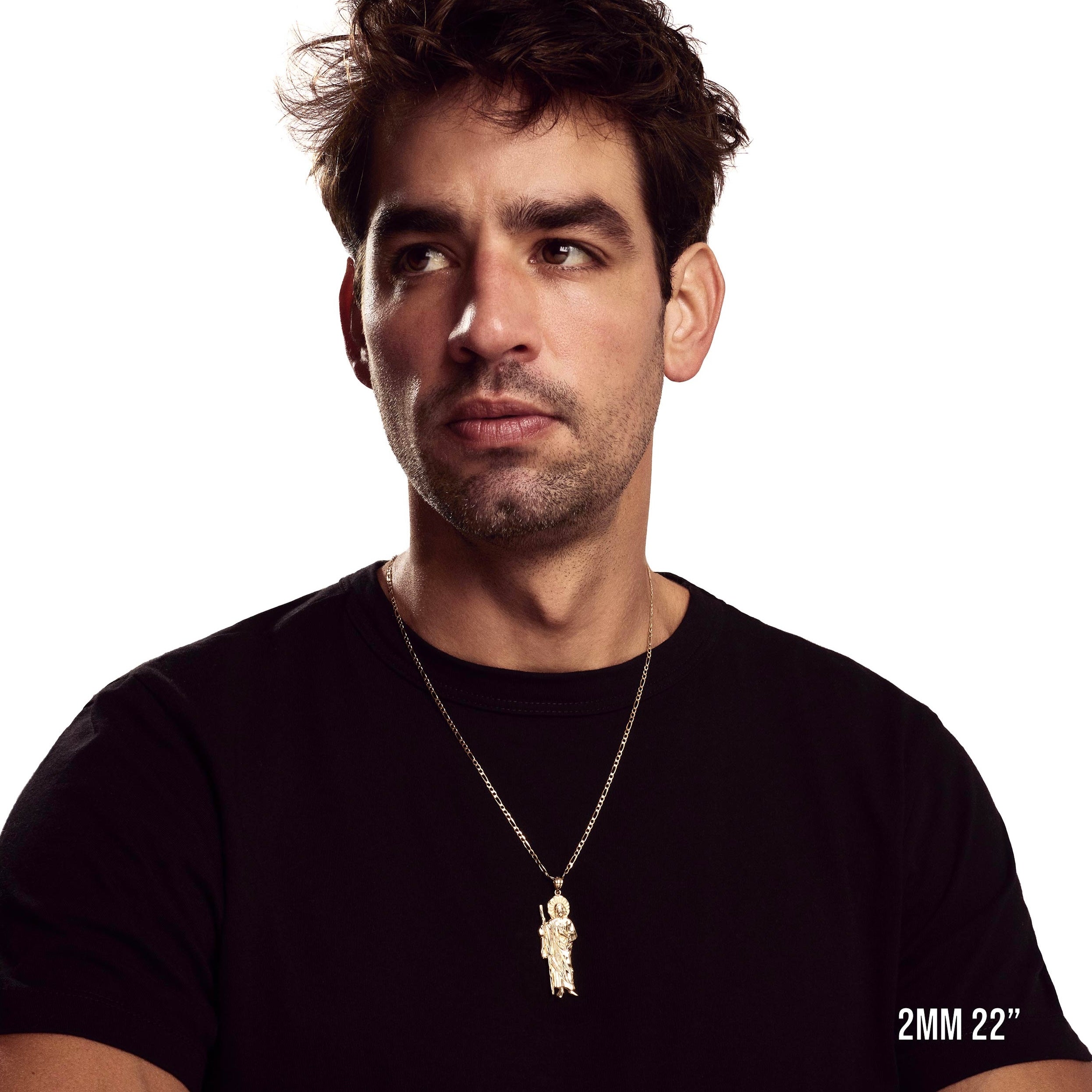 Model wearing 2mm 22” figaro chain with listed pendant.