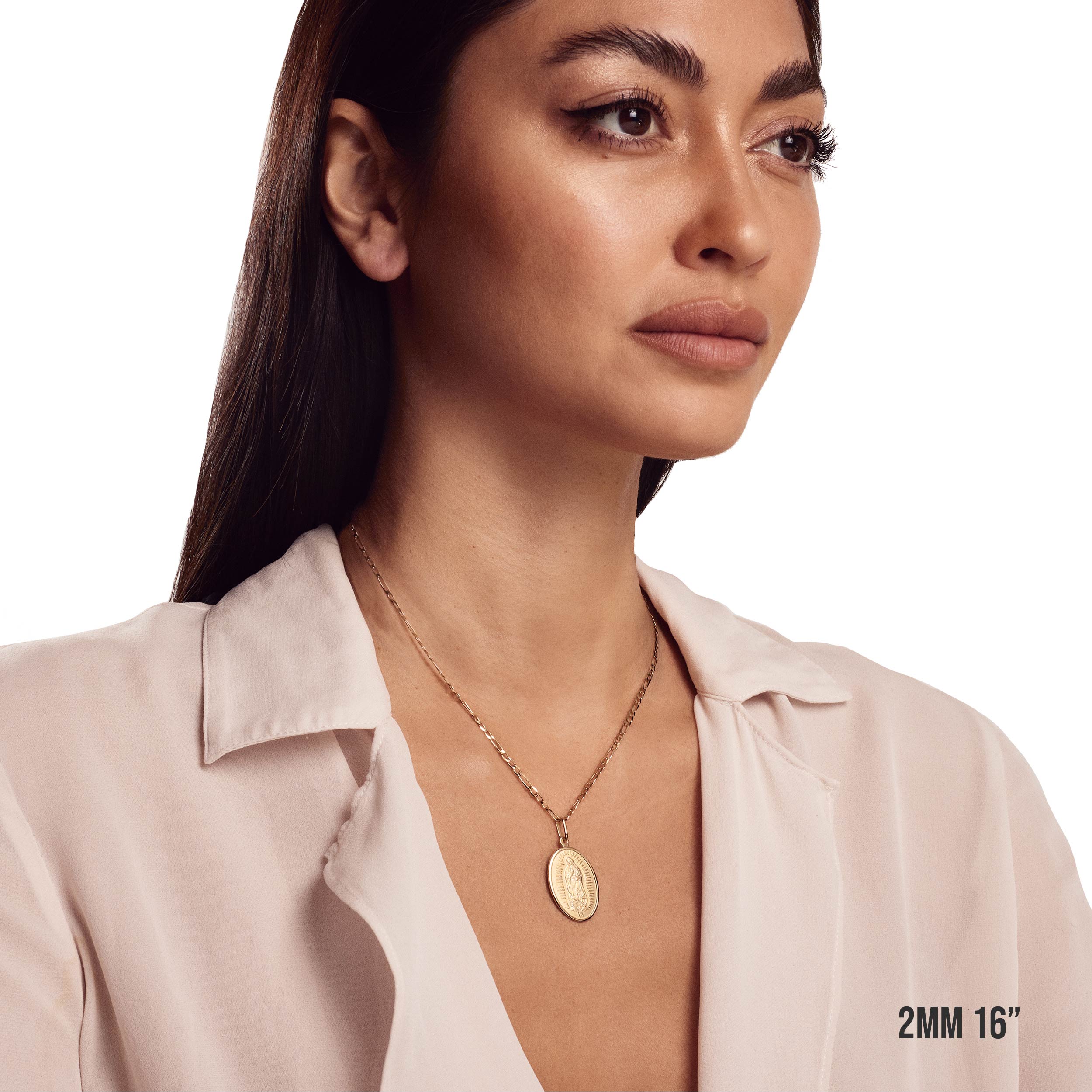 Model wearing 2mm 16” figaro chain with listed pendant.