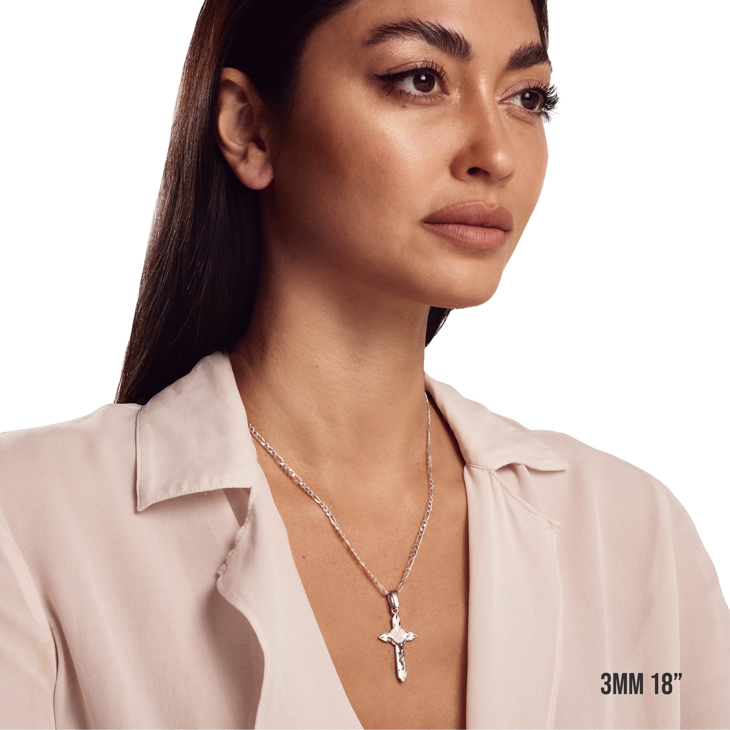Model wearing 3mm 18” figaro chain with listed pendant.