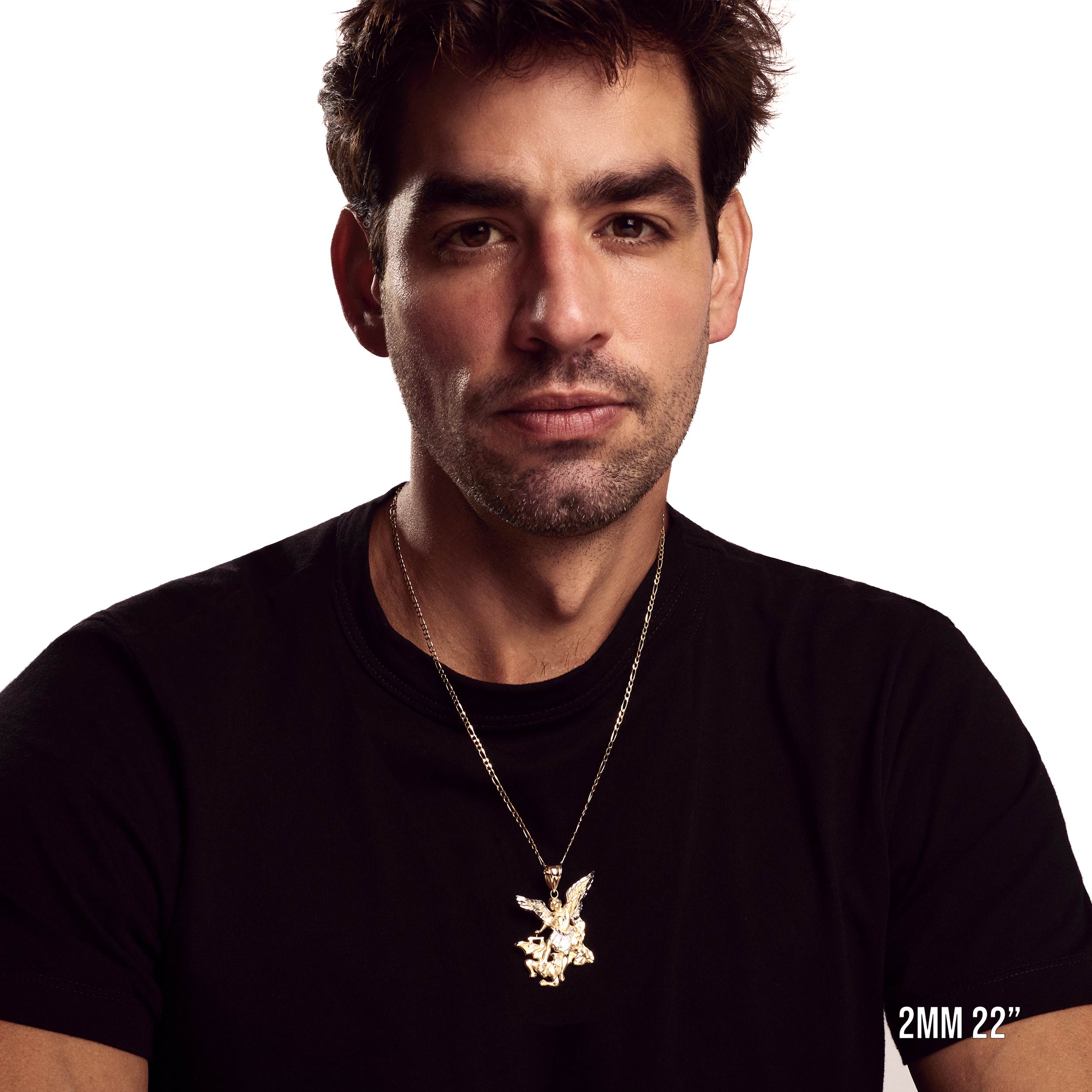 Model wearing 2mm 22” figaro chain with listed pendant.