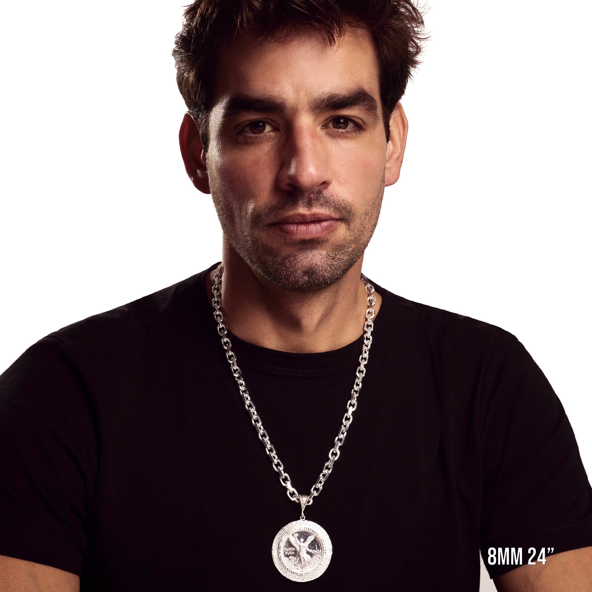 Model wearing 8mm 24” hermes chain with listed pendant.