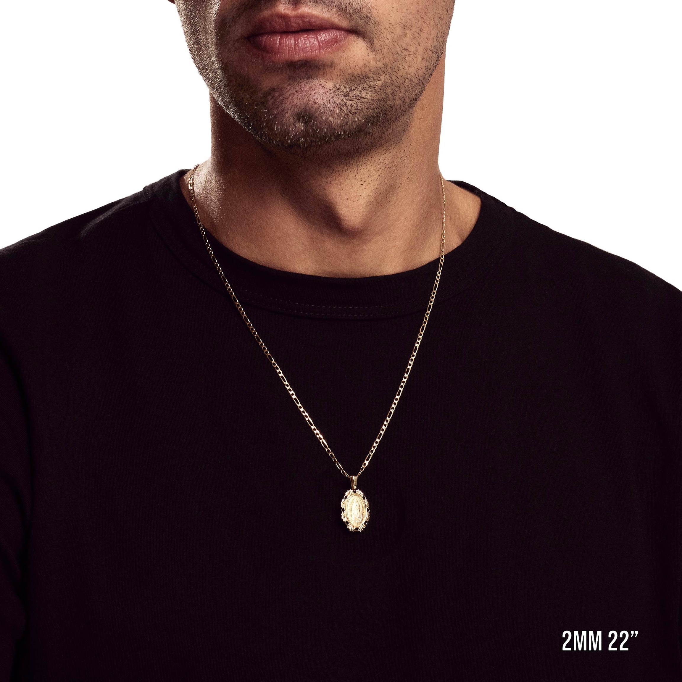 Model wearing 2mm 22” figaro chain with listed pendant.