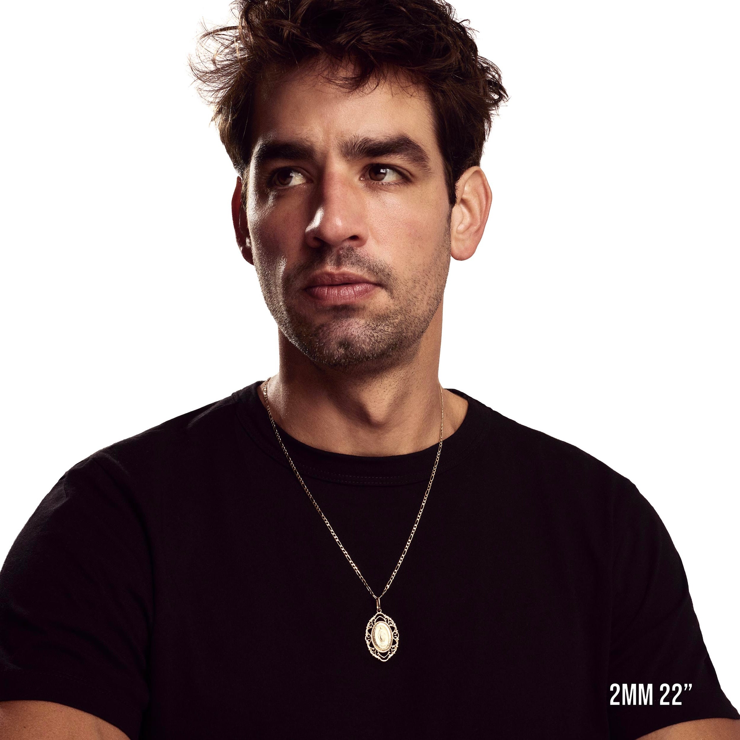 Model wearing 2mm 22” figaro chain with listed pendant.