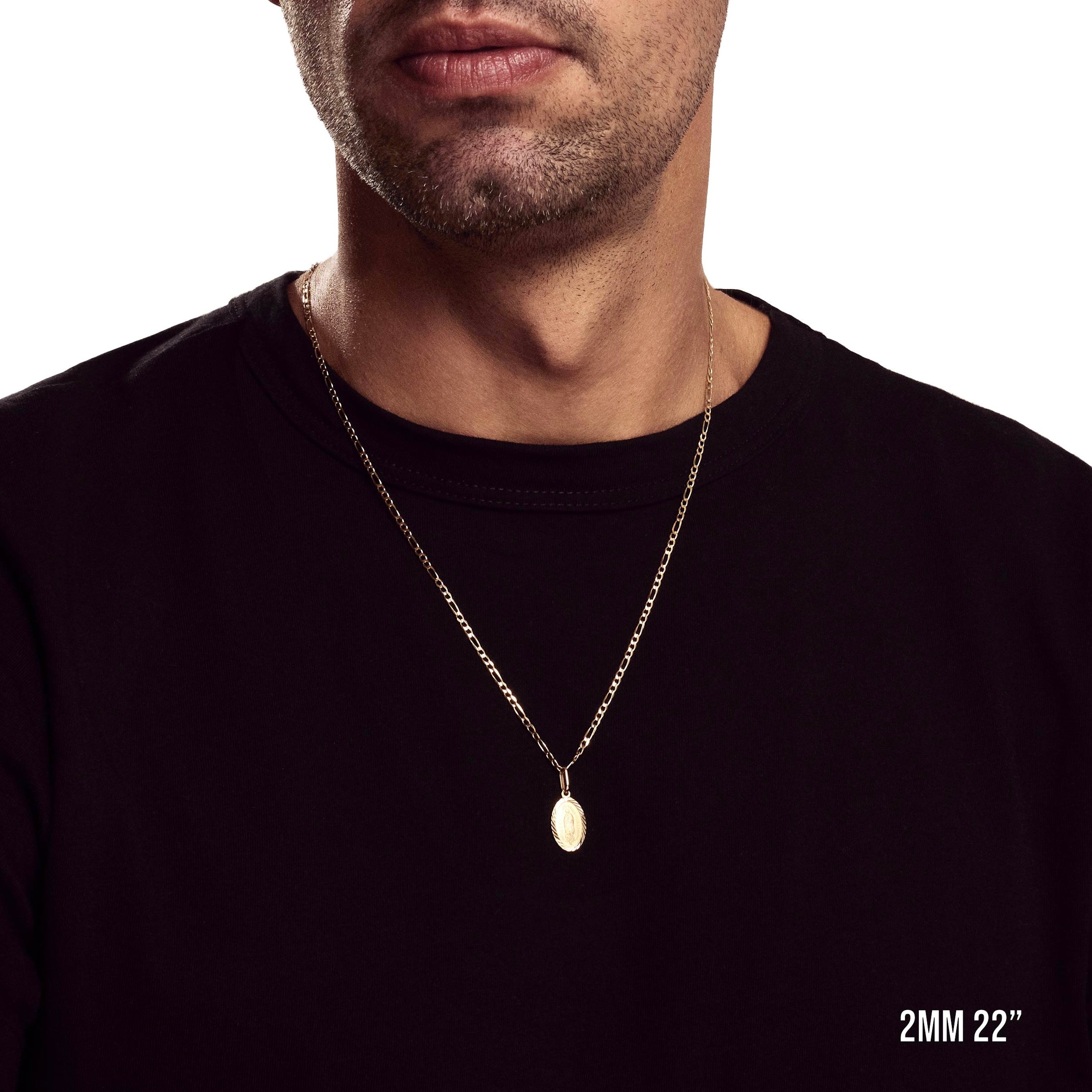 Model wearing 2mm 22” figaro chain with listed pendant.