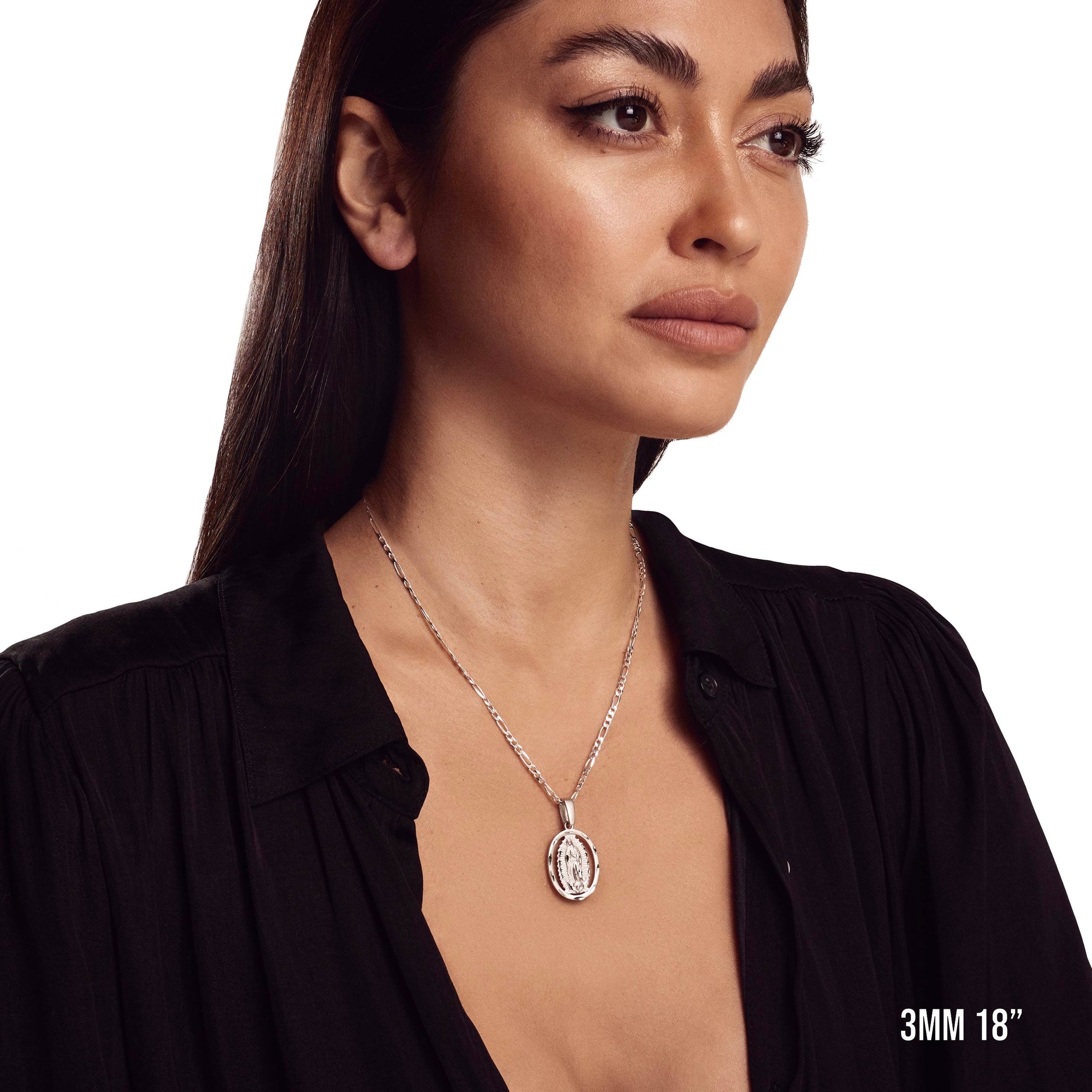 Model wearing 3mm 18” figaro chain with listed pendant.