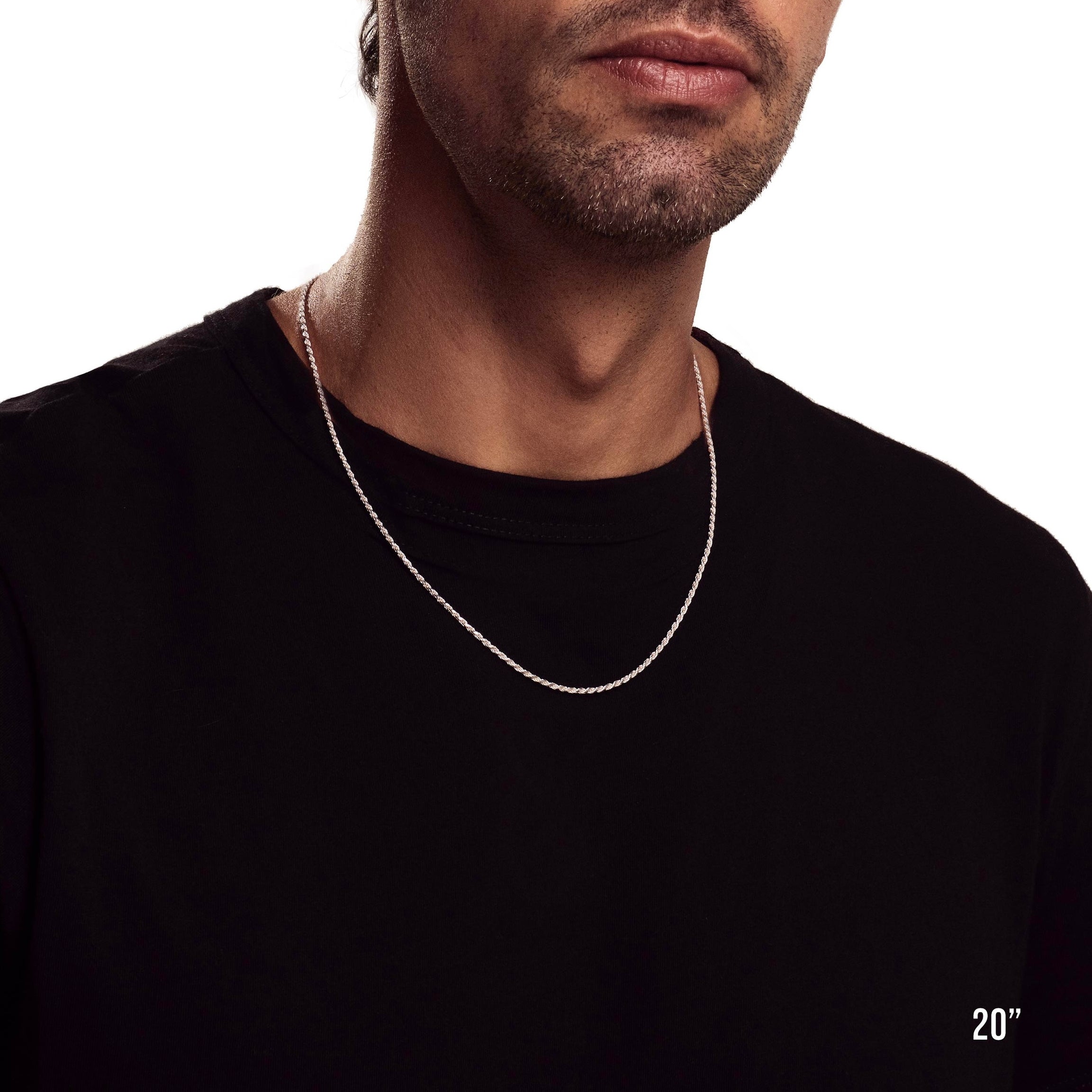 Model wearing 2mm 20” rope chain.
