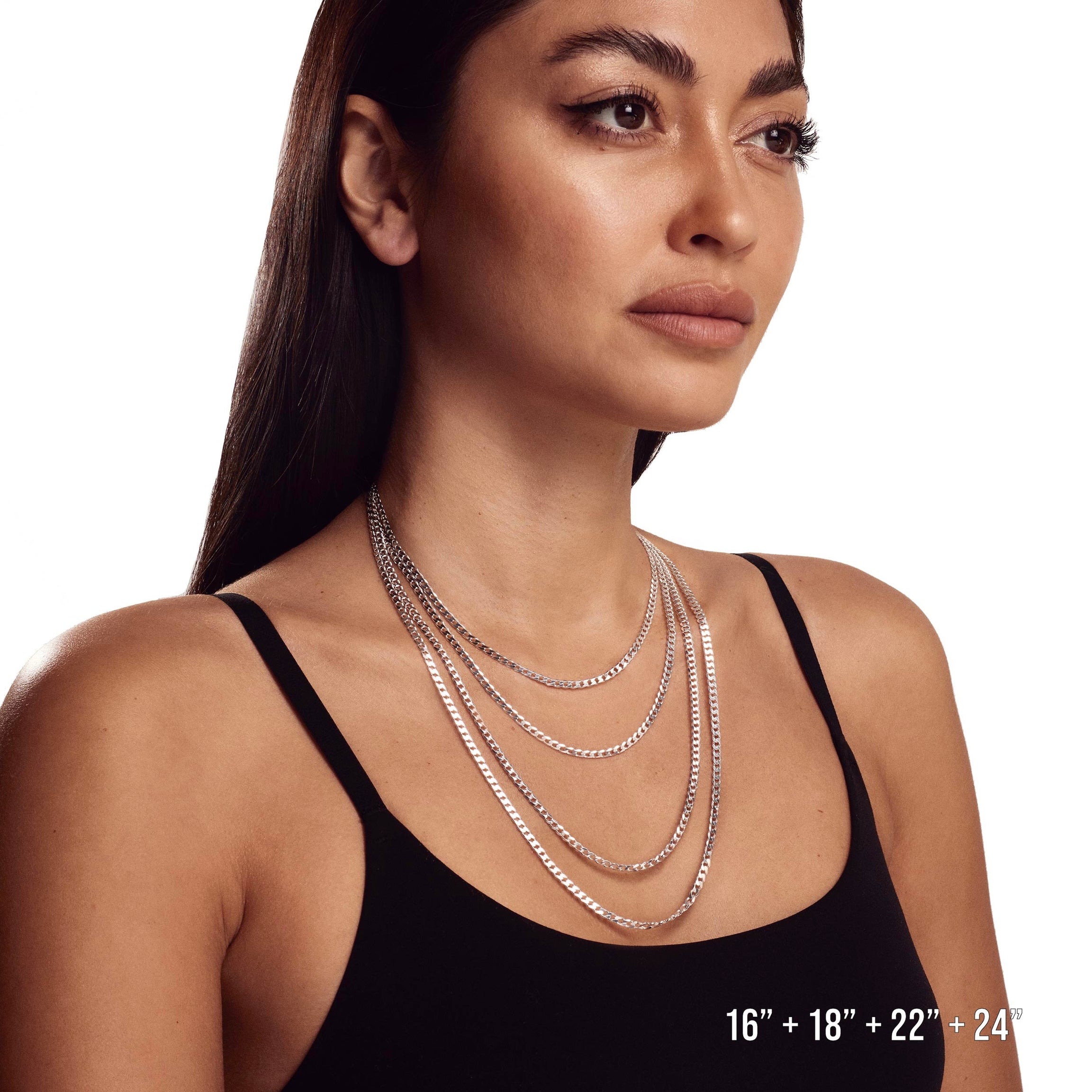 Model wearing 4mm 16”, 18”, 22”, and 24” cuban chain.