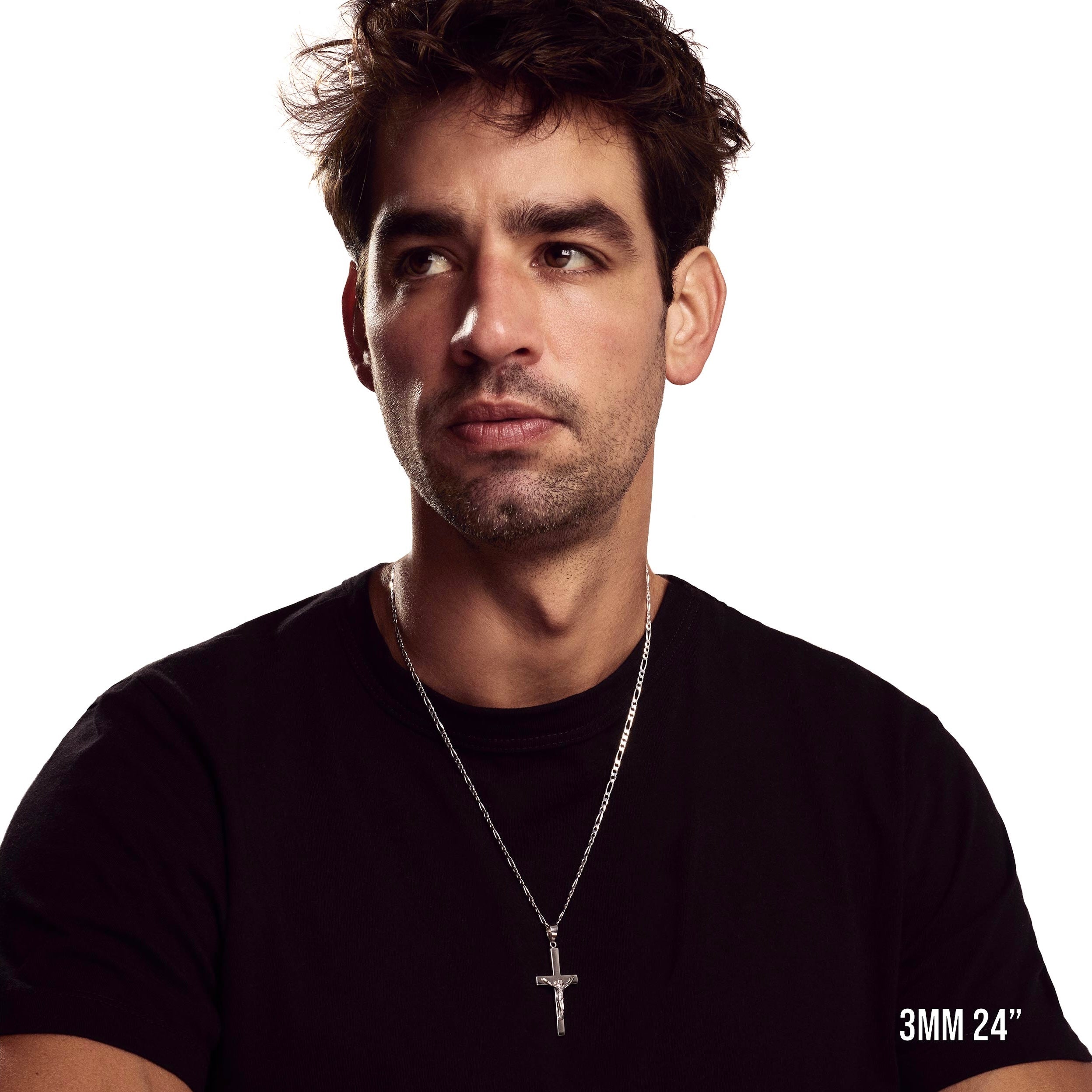 Model wearing 3mm 24” figaro chain with listed pendant.