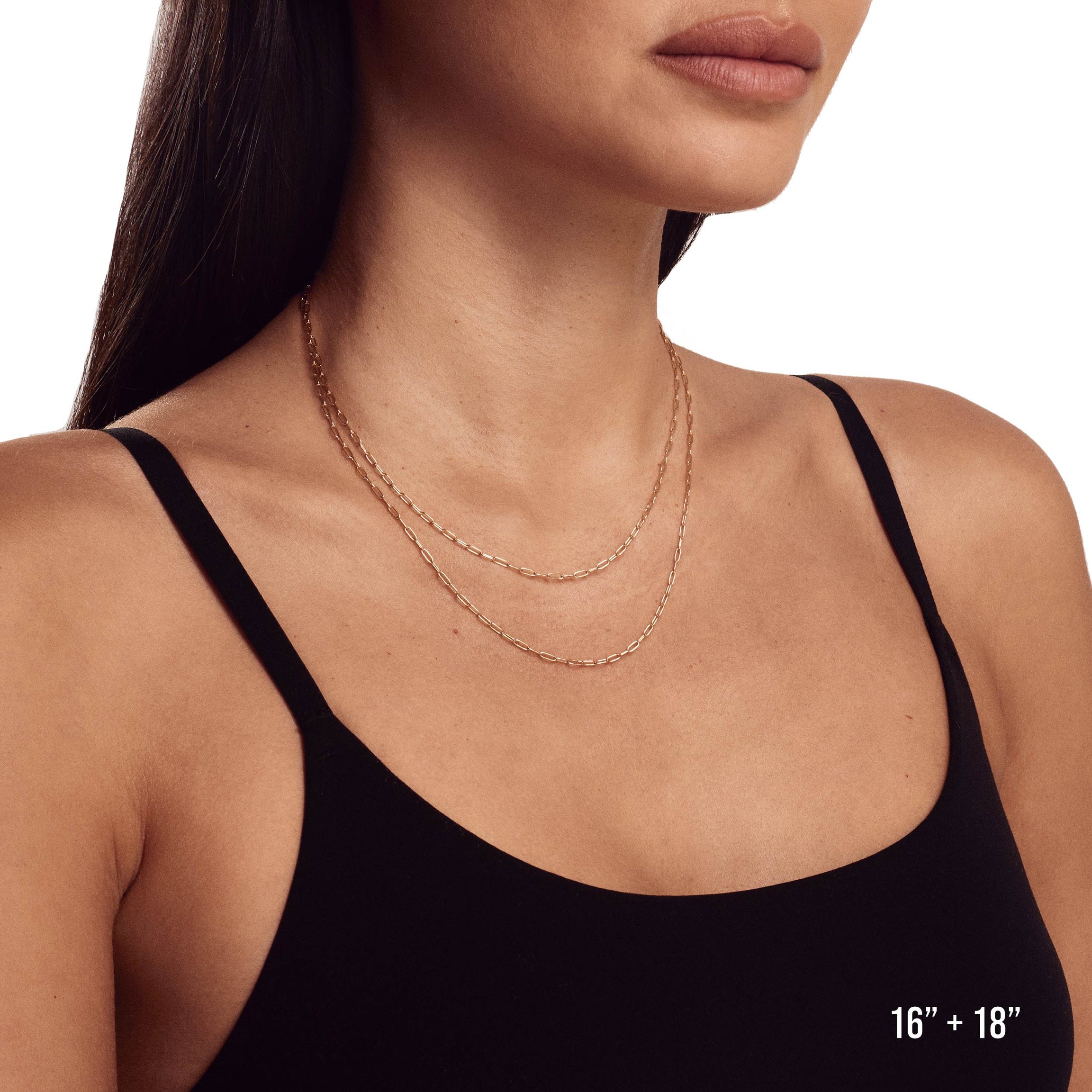 Model wearing 2mm 16” and 18” paperclip chain.
