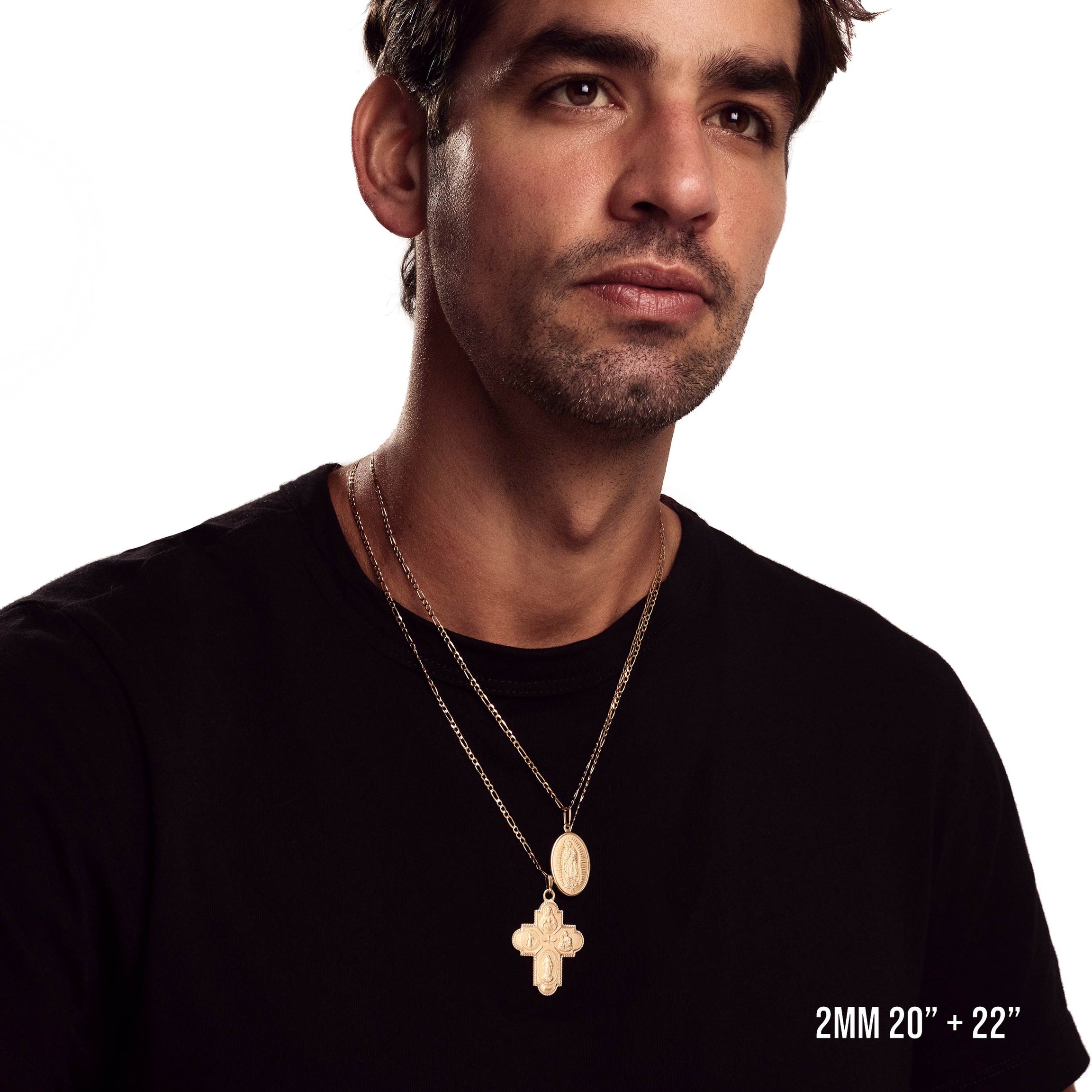 Model wearing 2mm 22” figaro chain with listed pendant.