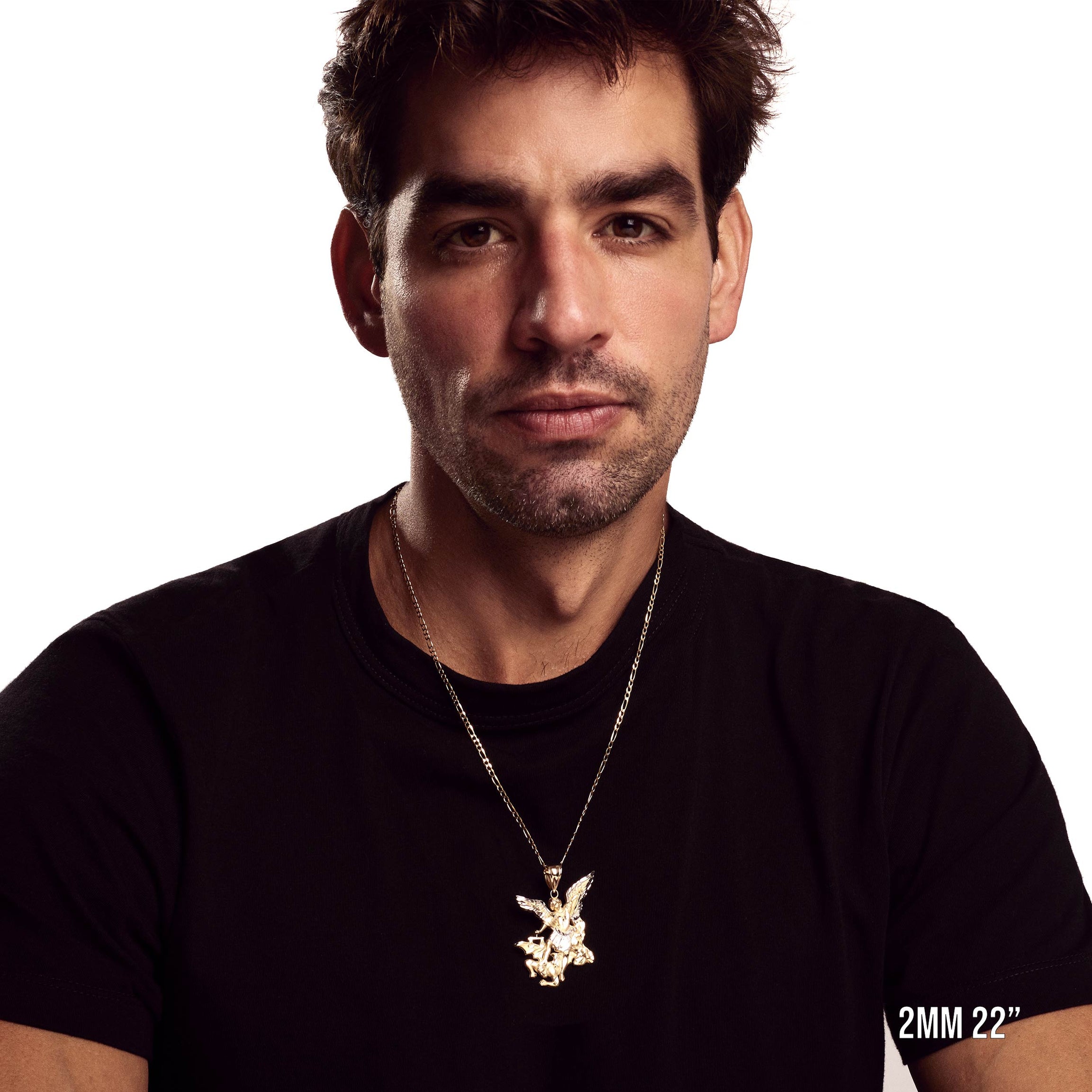 Model wearing 2mm 22” figaro chain with listed pendant.