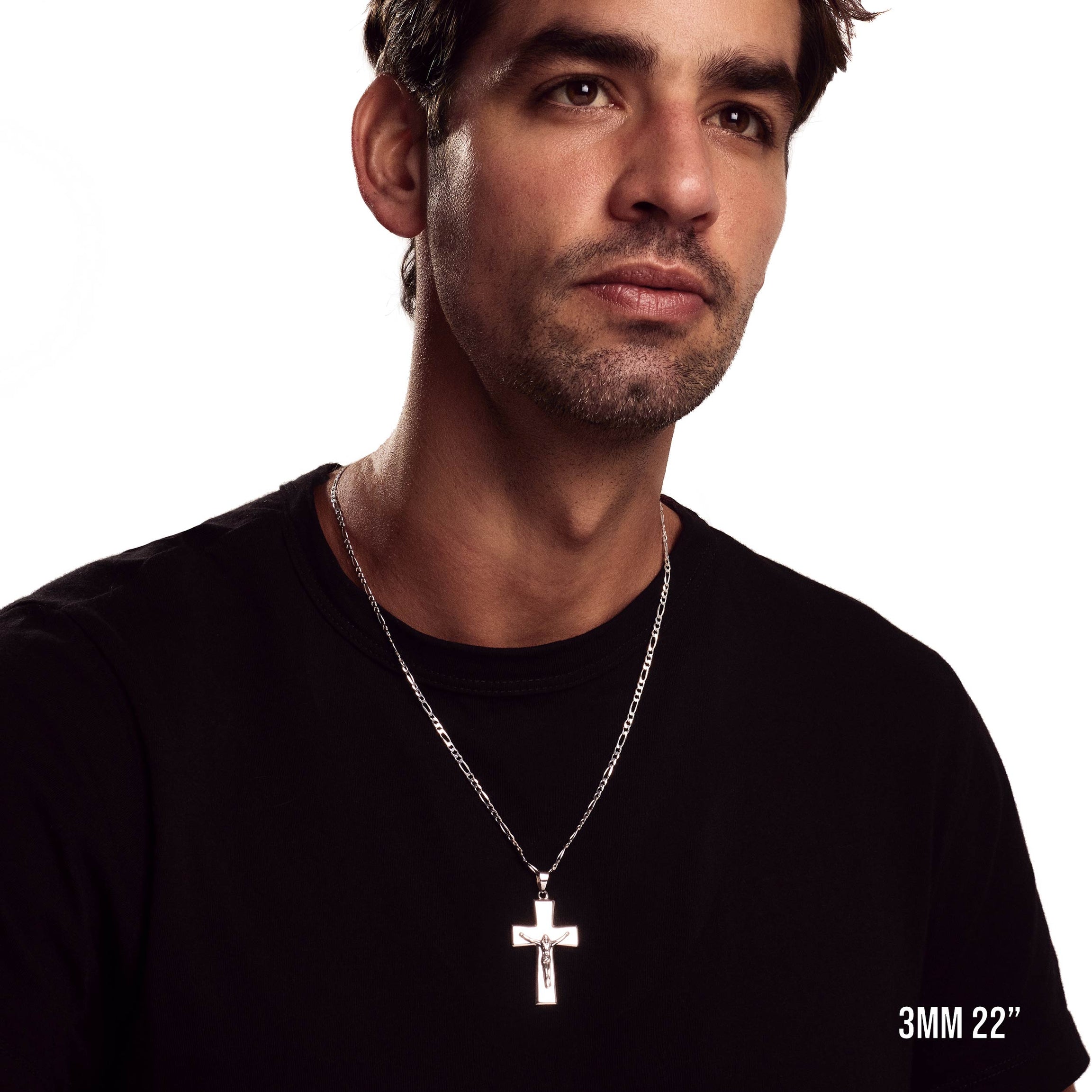 Model wearing 3mm 22” figaro chain with listed pendant.