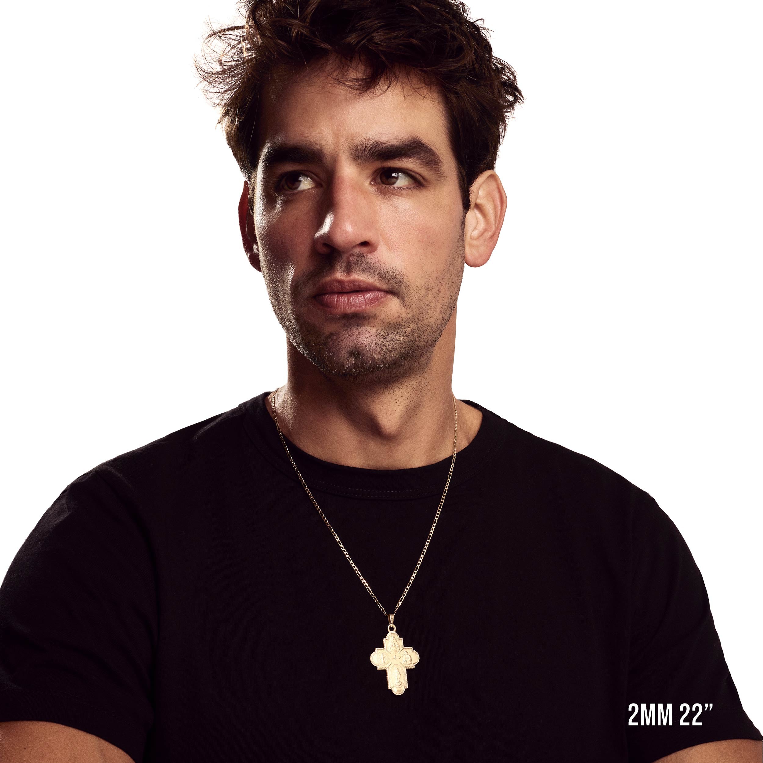 Model wearing 2mm 22” figaro chain with listed pendant.