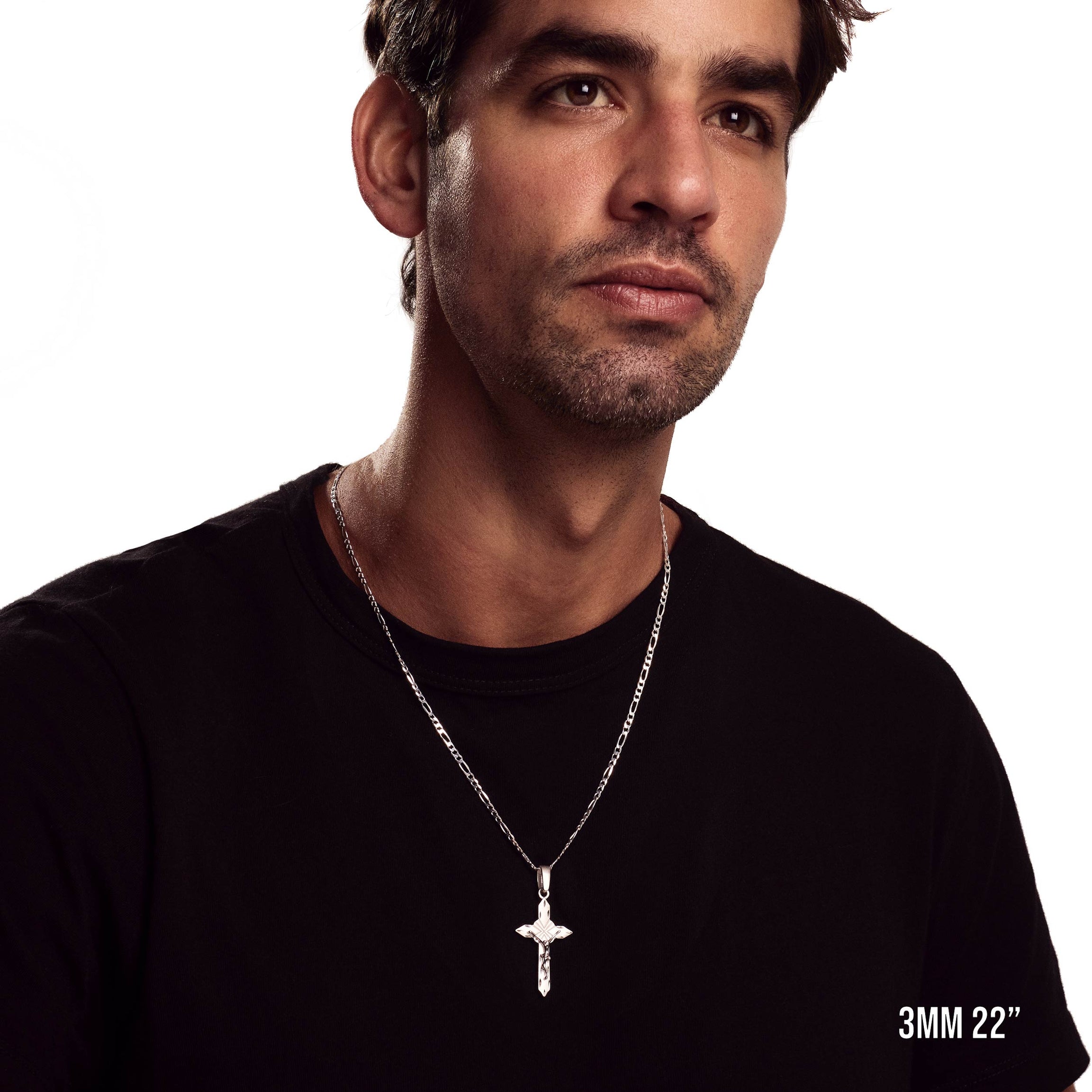 Model wearing 3mm 22” figaro chain with listed pendant.