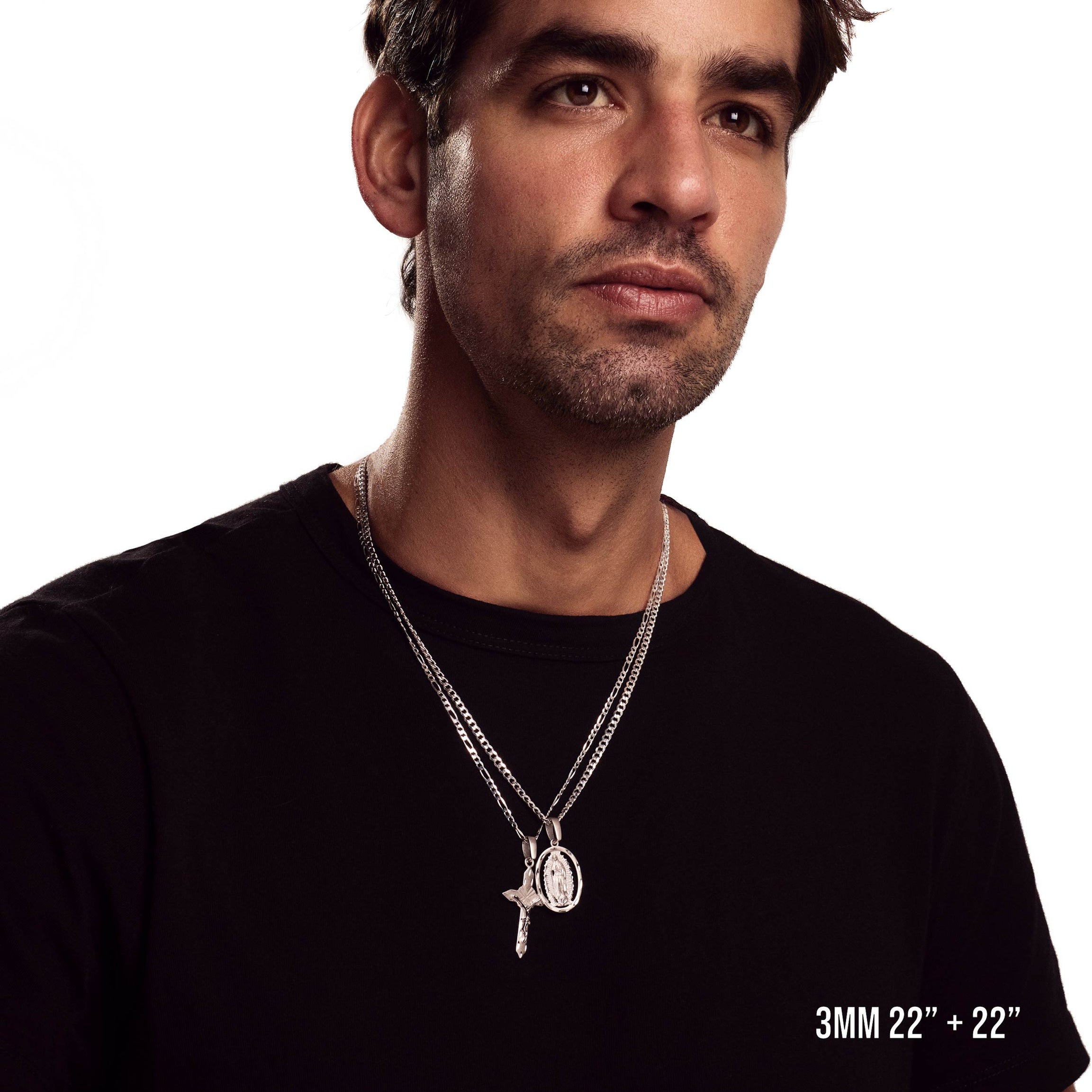 Model wearing 3mm 22” cuban chain with listed pendant.
